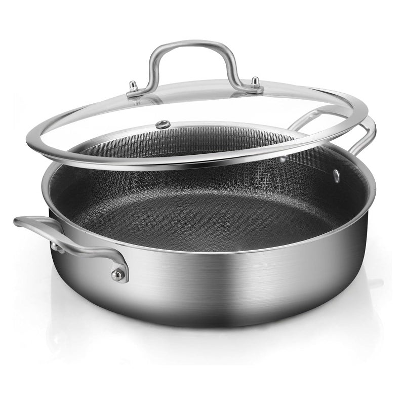 Yeksum Tri-Ply Stainless Steel 7 Quarts Saute Pan, 12 Inch Nonstick Skillet with lids, Fast even Heat cookware, Hybird Large Frying Pan, 18/10 Chef's Cooking Pan, Induction Pan, Dishwasher and Oven Safe - Image 1