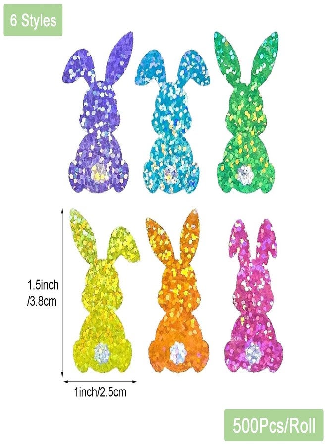 HinchJone Glitter Bunny Stickers Roll 500Pcs Colorful Laser Rabbit Seal Stickers Easter Waterproof Self-Adhesive Decals for Gift Wrapping Envelope Journal Party Supplies - Image 2