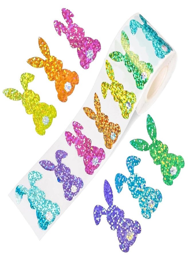 HinchJone Glitter Bunny Stickers Roll 500Pcs Colorful Laser Rabbit Seal Stickers Easter Waterproof Self-Adhesive Decals for Gift Wrapping Envelope Journal Party Supplies - Image 1