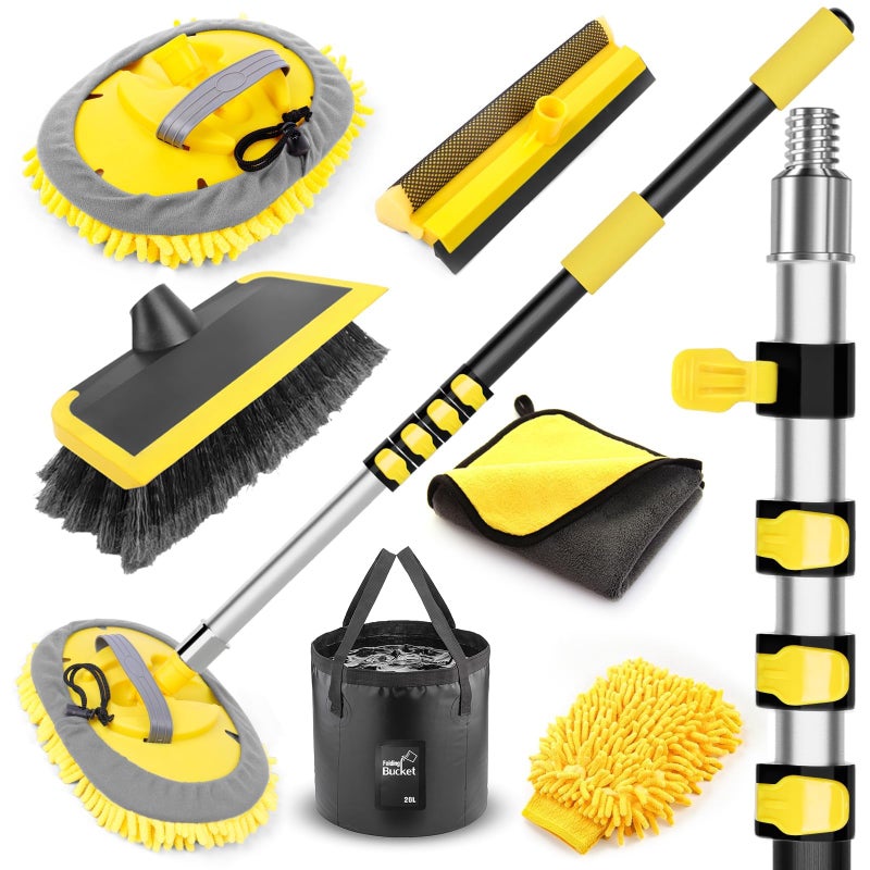 144 Long Extendable Handle Car RV Wash Brush Kits with Collapsible Bucket RV Truck Washing Kit with Extension Pole  Microfiber Car Mop Bristles Washing Brush Squeegee Mitt RVWash Cleaning Kit
