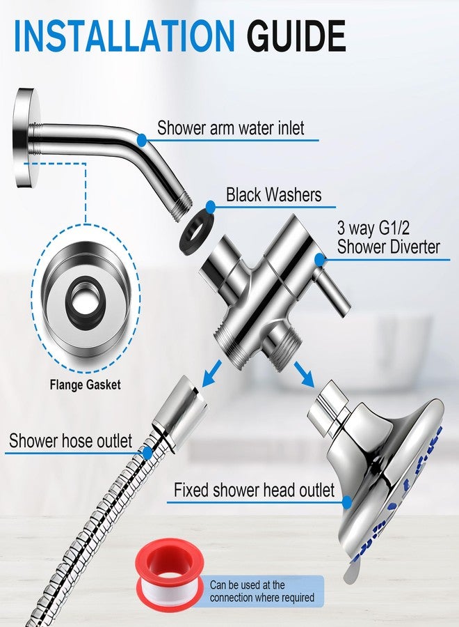 Dreyoo ذراع دش Dreyoo مع مجموعة محول دش G1/2 ثلاثية الاتجاهات، مثبتة على الحائط بقطر 6 بوصات، بما في ذلك الحافة وشريط PTFE، وصمام محول معدني صلب مع غسالة للرأس المحمول باليد والرأس الثابت - Image 5