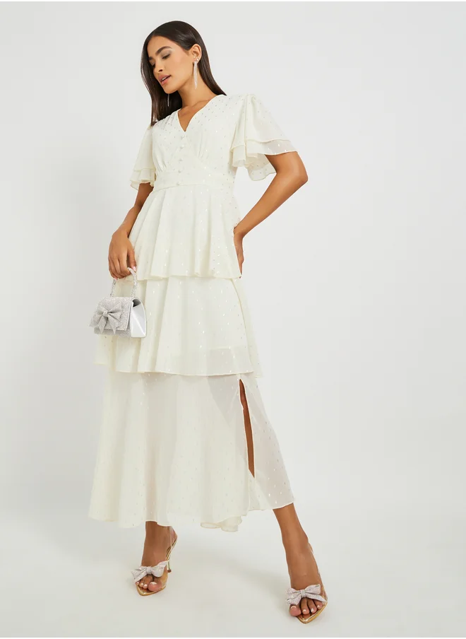 Styli Self Design Flared Sleeves Tiered Maxi Dress