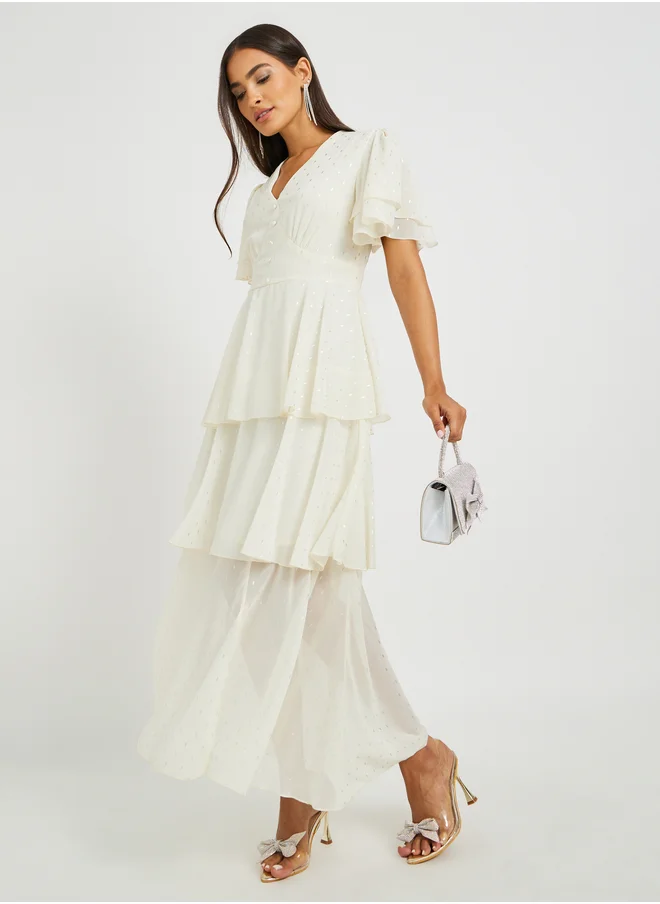 Styli Self Design Flared Sleeves Tiered Maxi Dress