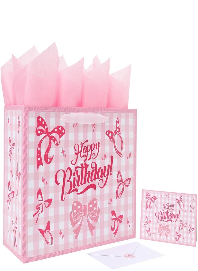 Qirrmiy 13'' Large Birthday Gift Bag Set with Handles, Greeting Card, Purple Tissue Papers and Stickers for Girls Women Kids Teens for Birthday Party, girl's Party, Baby, Bow Design, 1 Pcs - Image 1