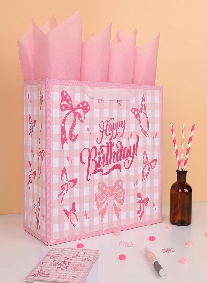 Qirrmiy 13'' Large Birthday Gift Bag Set with Handles, Greeting Card, Purple Tissue Papers and Stickers for Girls Women Kids Teens for Birthday Party, girl's Party, Baby, Bow Design, 1 Pcs - Image 5