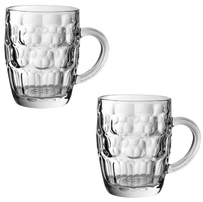 TRADITIONAL GLASS PINT TANKARDS CE SET OF 2 ALSO KNOWN AS DIMPLED BEER TANKARD BRITANNIA PINT MUG BEER STEIN BEER MUG