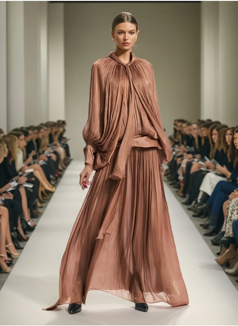 Madam Uniq Vintage Fashion Satin Pleated Batwing Sleeve Dress