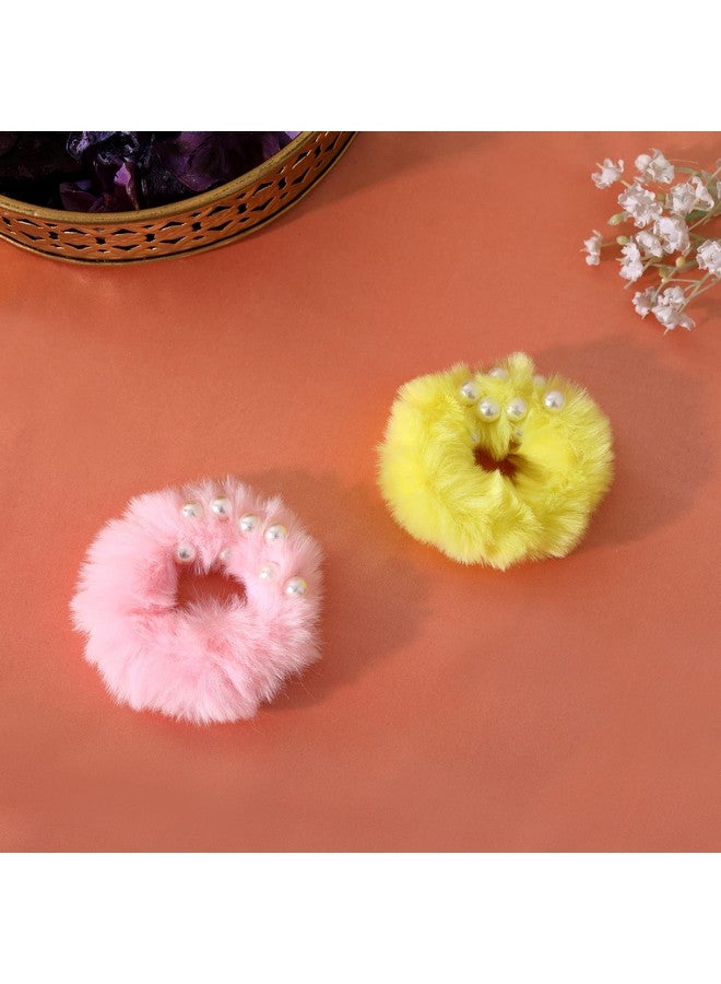 Estele Multicolor Fluffy Fur Hair Rubber Bands With Pearls for Womens/girls (Pack of 2) - Image 2