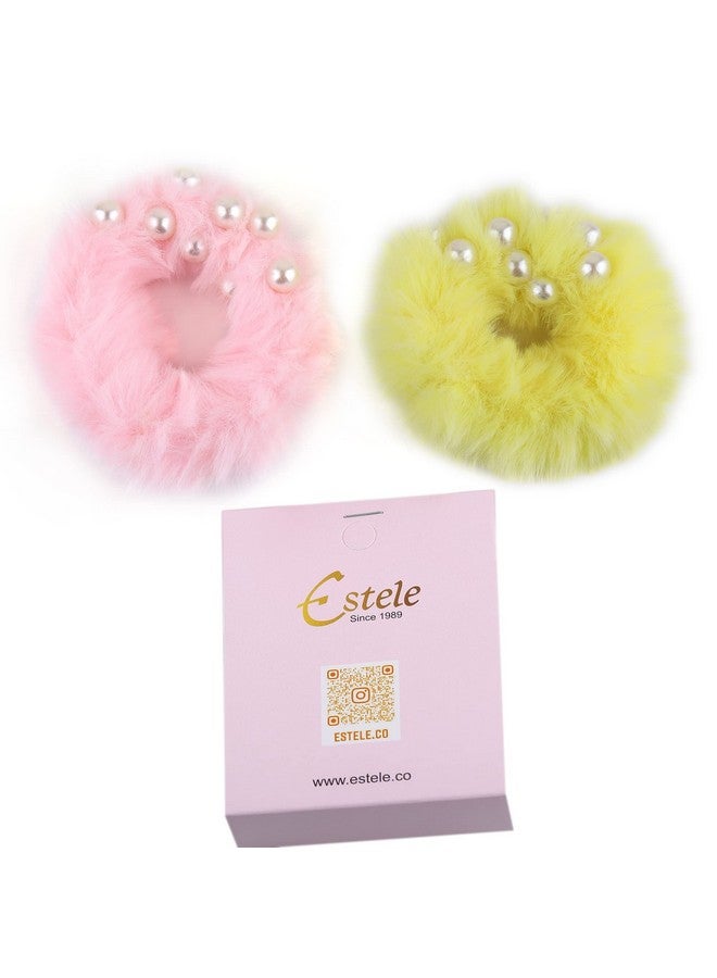 Estele Multicolor Fluffy Fur Hair Rubber Bands With Pearls for Womens/girls (Pack of 2) - Image 3