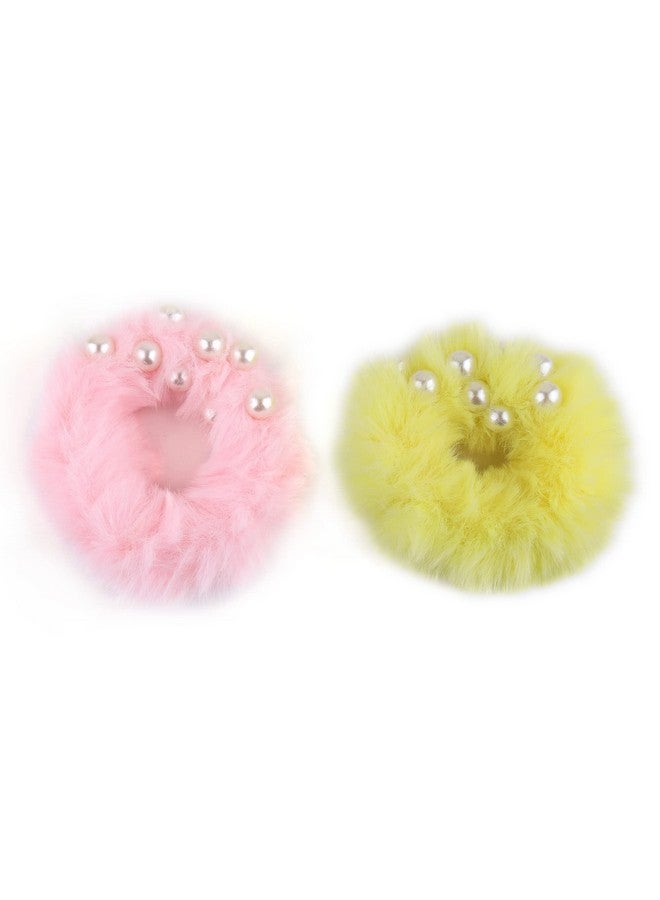 Estele Multicolor Fluffy Fur Hair Rubber Bands With Pearls for Womens/girls (Pack of 2) - Image 1