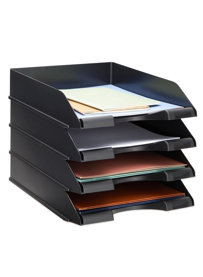 4 Pcs Stackable Paper Trays, 4 Tiers Desk Paper File Storage Tray File Organizer Mail Letter Holder Rack For Office School Home Magazine Scrapbook Paper Folders, Black - Image 1