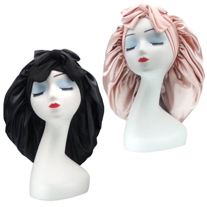 Hanbertti 2 Pack Silk Satin Hair Bonnet with Stretch Tie Band for Curly Hair Sleeping Adult Women Girls BlackCoral Red
