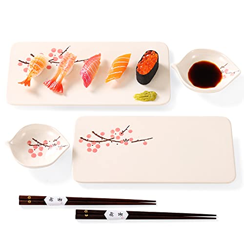 Relaxing Garden Japanese Sushi Plate Gift Set – 10-Inch Ceramic Rectangular Plates with Chopsticks and Sauce Dishes for Two - Image 2