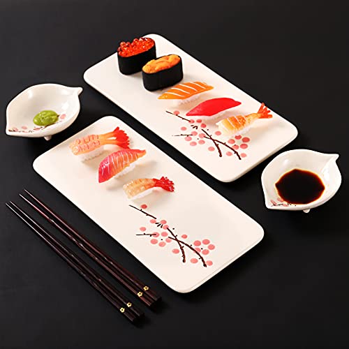 Relaxing Garden Japanese Sushi Plate Gift Set – 10-Inch Ceramic Rectangular Plates with Chopsticks and Sauce Dishes for Two - Image 3