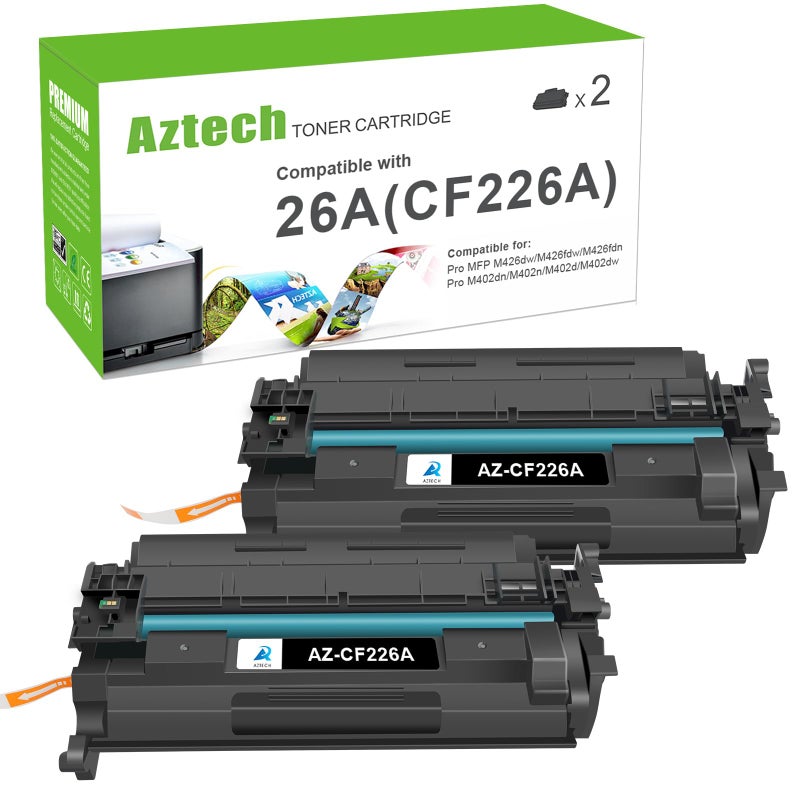 Aztech 26A CF226A Toner Cartridge 2 Pack Compatible Replacement for HP LaserJet 26A CF226A 26X CF226X Pro M402dn M402n M402dw Pro MFP M426fdw M426fdn M426dw Series Printer Ink High Yield Black - Image 1