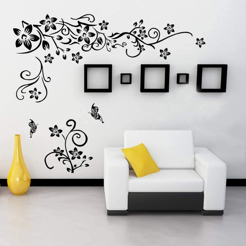 Supzone Flowers Vine Decals Black Flowers Butterfly Wall Decor Removable Vinyl DIY Home Art Stickers for Bedroom Living Room Sofa Backdrop TV Wall Decoration - Image 1