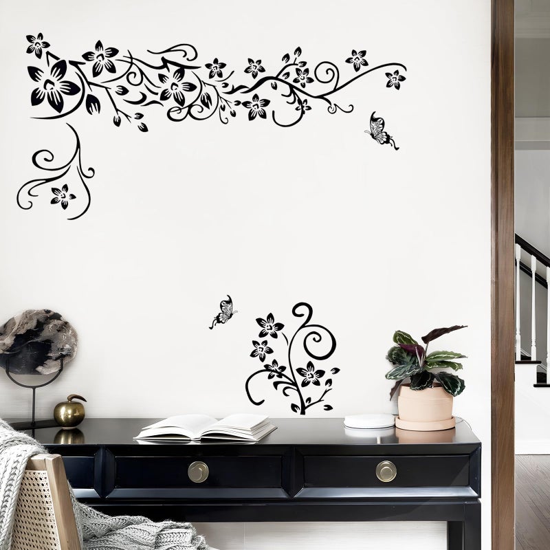 Supzone Flowers Vine Decals Black Flowers Butterfly Wall Decor Removable Vinyl DIY Home Art Stickers for Bedroom Living Room Sofa Backdrop TV Wall Decoration - Image 3