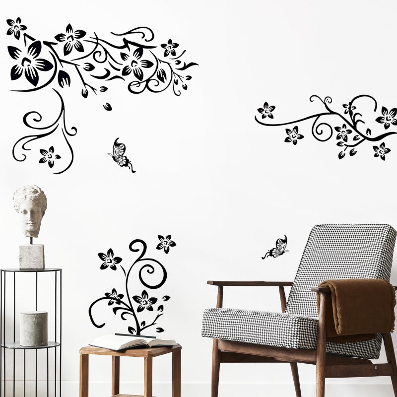 Supzone Flowers Vine Decals Black Flowers Butterfly Wall Decor Removable Vinyl DIY Home Art Stickers for Bedroom Living Room Sofa Backdrop TV Wall Decoration - Image 2