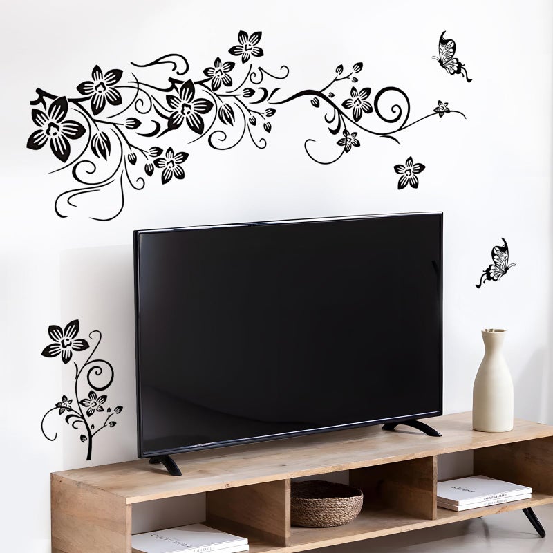Supzone Flowers Vine Decals Black Flowers Butterfly Wall Decor Removable Vinyl DIY Home Art Stickers for Bedroom Living Room Sofa Backdrop TV Wall Decoration - Image 4