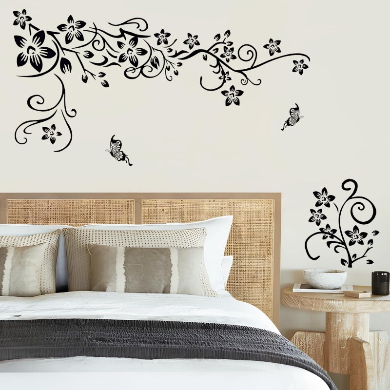 Supzone Flowers Vine Decals Black Flowers Butterfly Wall Decor Removable Vinyl DIY Home Art Stickers for Bedroom Living Room Sofa Backdrop TV Wall Decoration - Image 5