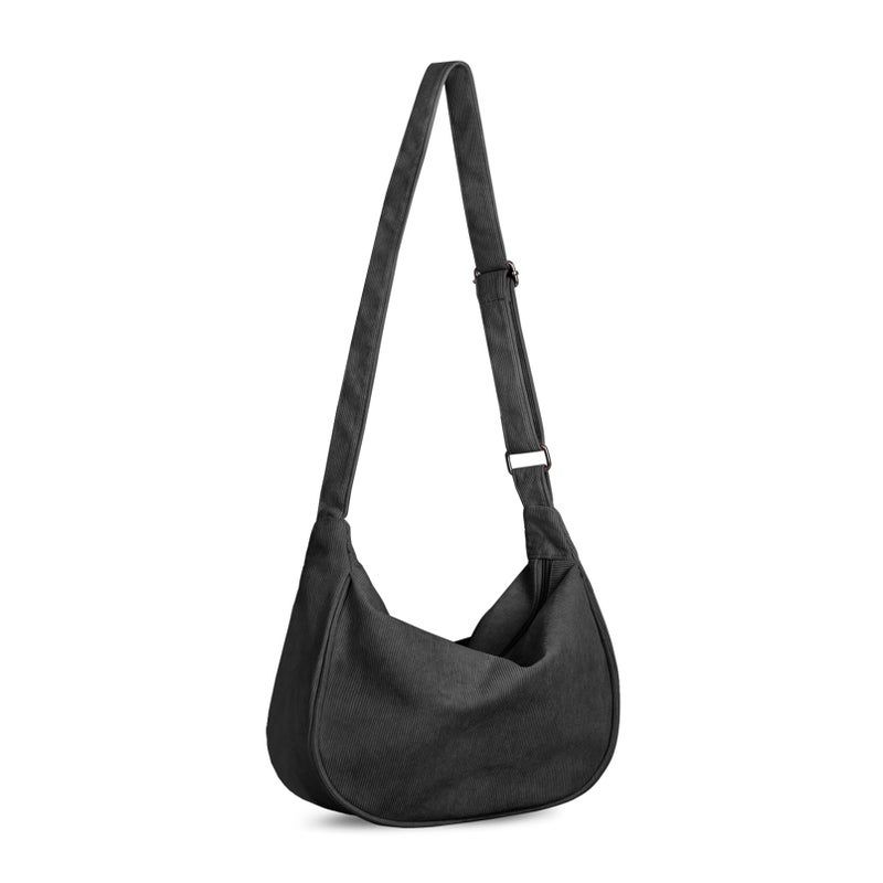 FITDON Corduroy Crescent Crossbody Bag for Women Men, Small Sling Hobos Dumpling Bag Crescent Purse with Adjustable Strap, Black - Image 1