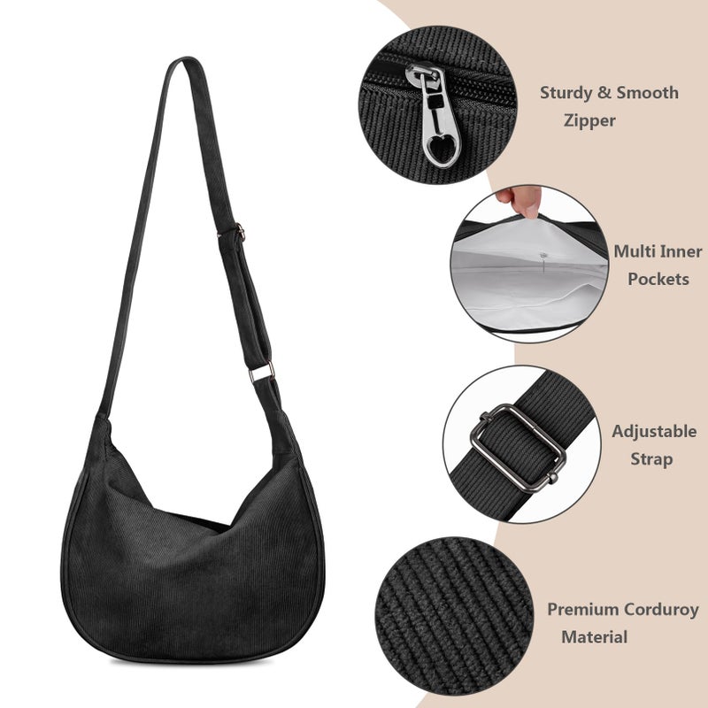 FITDON Corduroy Crescent Crossbody Bag for Women Men, Small Sling Hobos Dumpling Bag Crescent Purse with Adjustable Strap, Black - Image 4