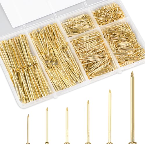 KURUI Gold Picture Hanging Nails Assortment Kit, 700 Pcs Wall Hanging Set for Frame, Art , Photo, 6 Sizes Brass Small Framing Nails for Home Improvement and Wall Decor - Image 1