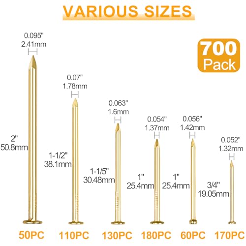 KURUI Gold Picture Hanging Nails Assortment Kit, 700 Pcs Wall Hanging Set for Frame, Art , Photo, 6 Sizes Brass Small Framing Nails for Home Improvement and Wall Decor - Image 2