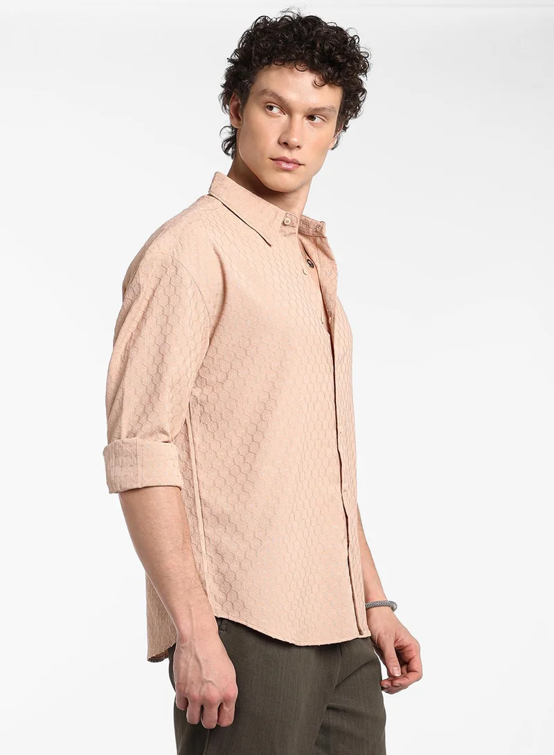 كامبوس سوترا Men's Saltbox Beige Honeycomb-Textured Oversized Shirt