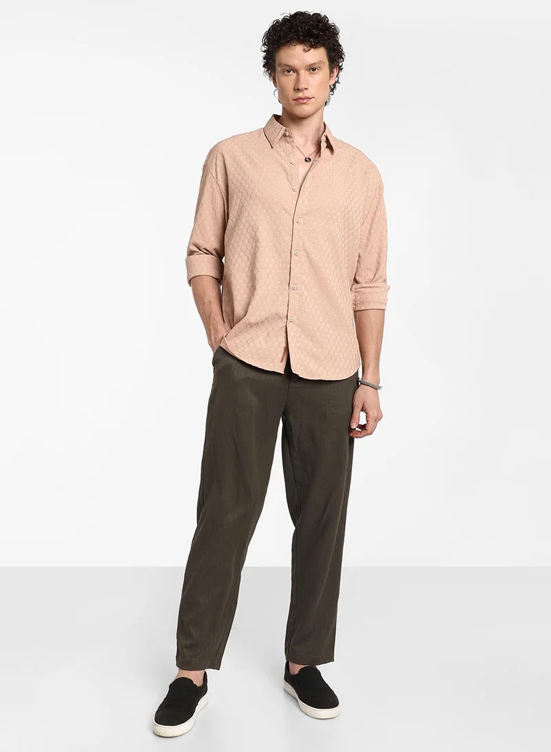 كامبوس سوترا Men's Saltbox Beige Honeycomb-Textured Oversized Shirt