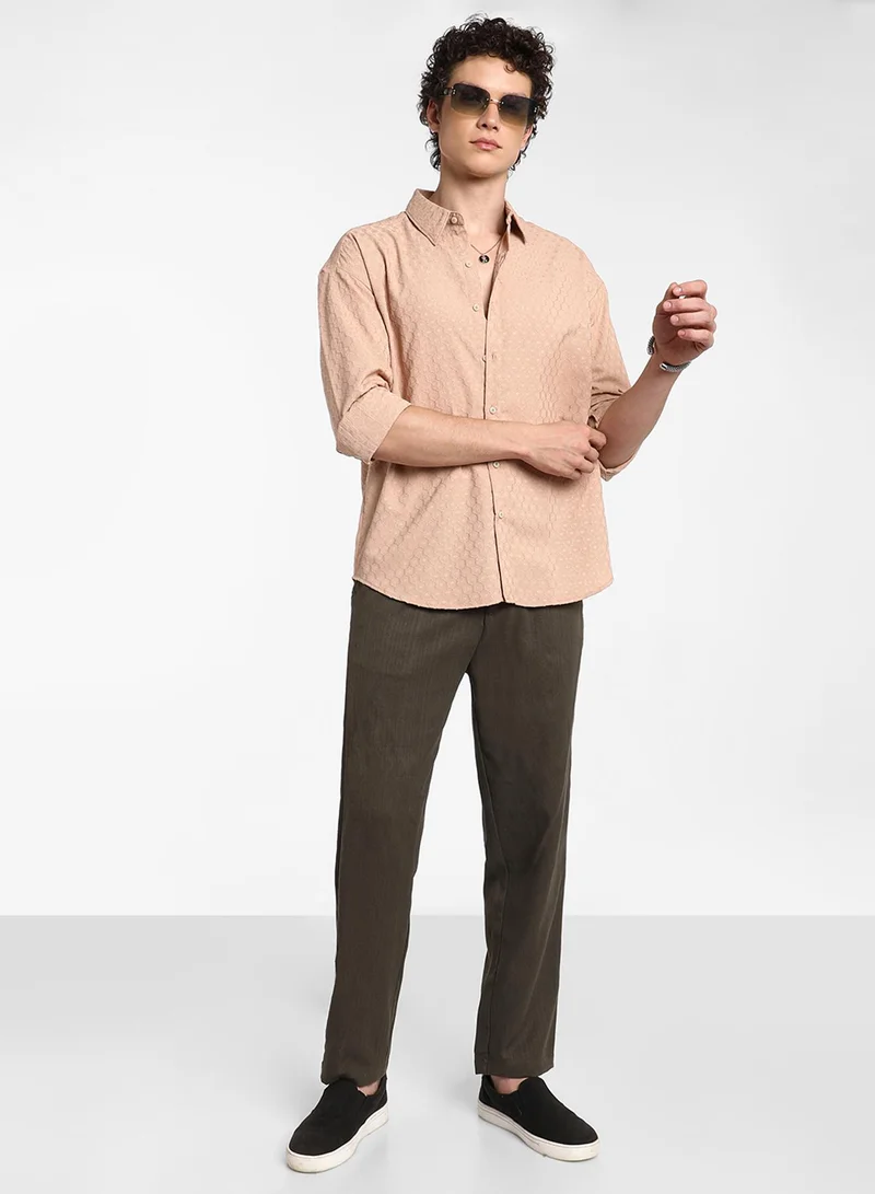 كامبوس سوترا Men's Saltbox Beige Honeycomb-Textured Oversized Shirt