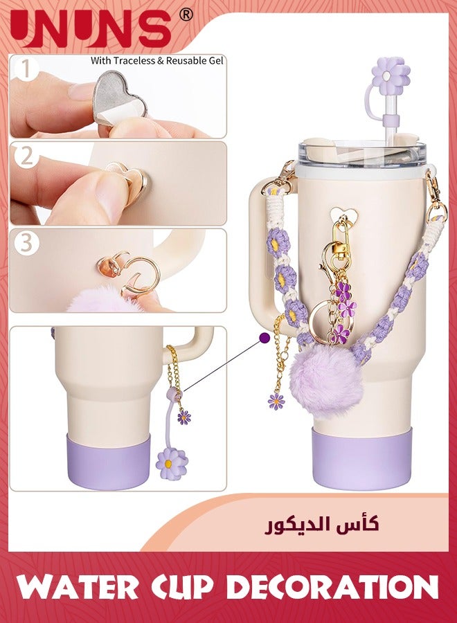 UNUNS 8 قطع ملحقات الأكواب، تشمل وسادة قشة، حزام زجاجة ماء، أحذية سيليكون للأكواب، سحر سلسلة مفاتيح لطيف مع مقبض - Image 3