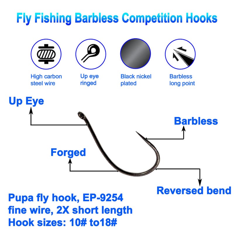 Eupheng 100pcs Plus Best Barbless Competition Fly Fishing Hook Collection, Dry Nymph Strimp&Pupa, Pupa jig Fly Hooks High Carbon Competition Hook (Pupa Fly Hook EP-9254, 10#) - Image 2