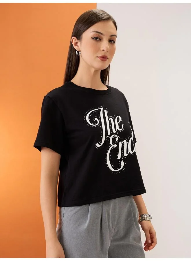 globus Globus Women Black Typography Print Embellished Detail Round Neck Short Sleeves Boxy Fit Crop T-Shirt