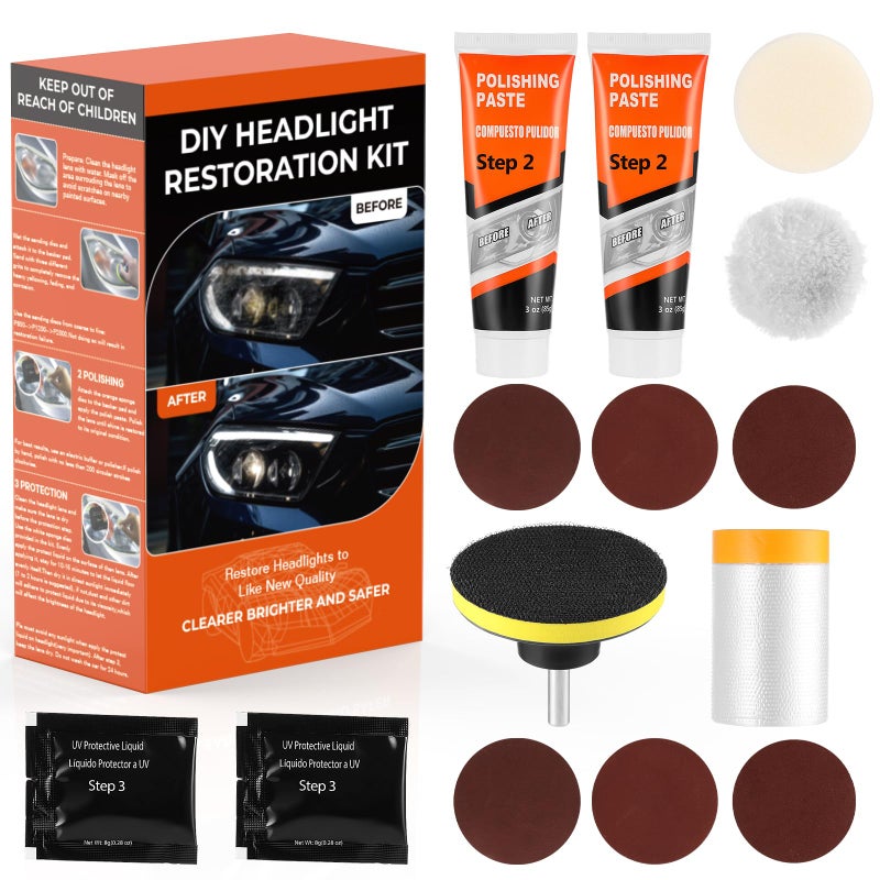 ISINFLASH Headlight Restoration Kit Polish Restore Cleaner Clean Tool DIY Polishing Sanding Discs Scouring Pads for Electric Drill 3 Easy Steps to Restore Sun Damaged Car Headlights Lens