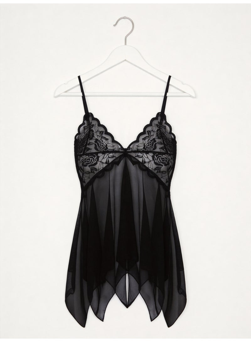 Women's Lace Babydoll Nightdress, Sheer Mesh Sleepwear Nightgown with Adjustable Spaghetti Straps, Elegant Lingerie Nightwear, Black - Image 3