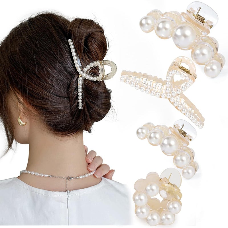 Mehayi Mehayi 4 PCS Large Pearl Hair Claw Clips for Women Girls Hair Barrette Clamps for Thick Thin Hair Fashion Hair Accessories Headwear Styling Tools for Party Wedding