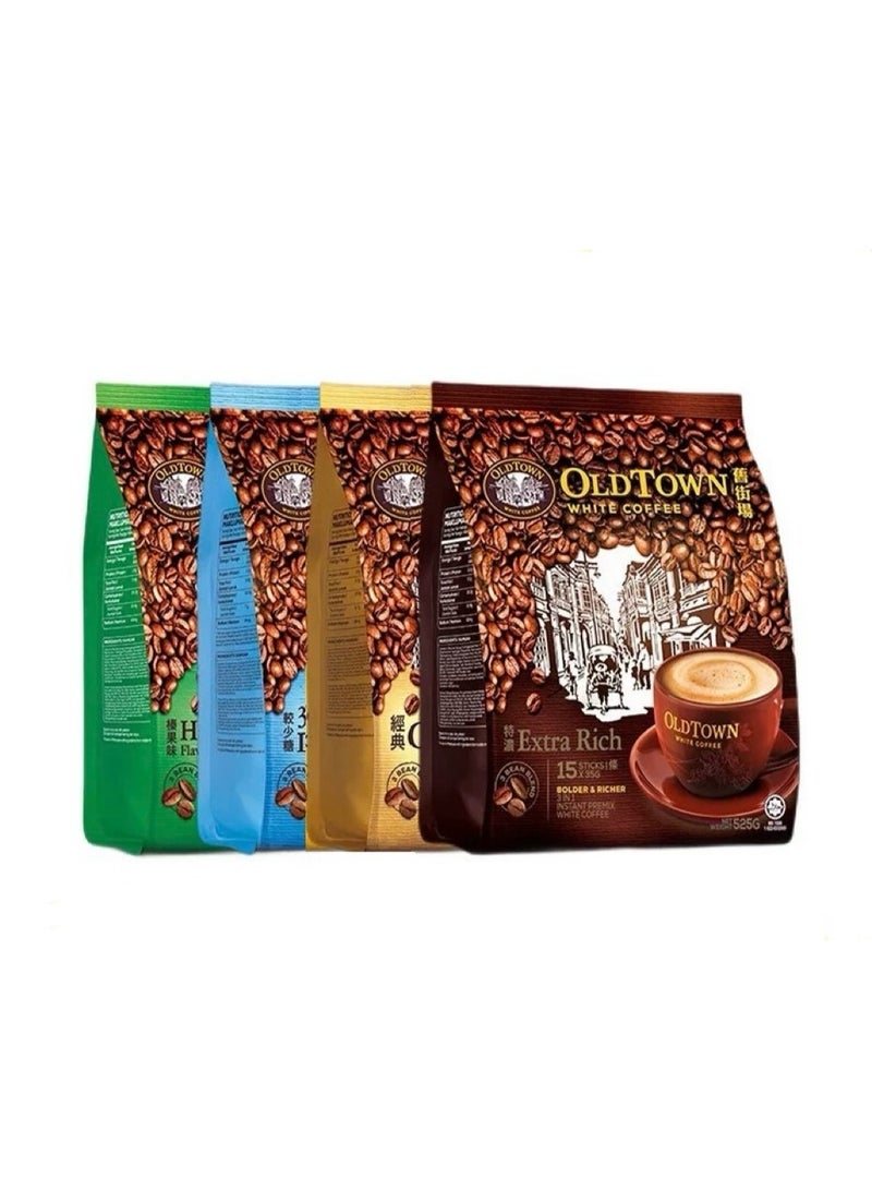 OLDTOWN 3 in 1, Instant white coffee, Hazelnut & Classic & 30% Less sugar & Extra Rich, 4packs, Malaysia