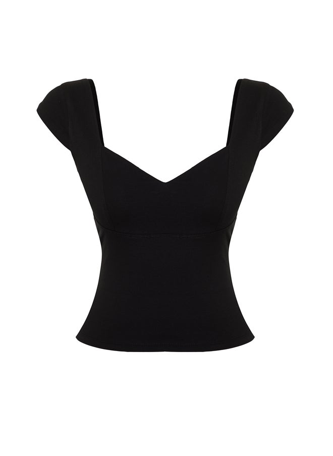trendyol - Black Sweetheart Neckline Fitted Cotton Stretch Knitted Blouse TWOSS24BZ00113 - Image 1