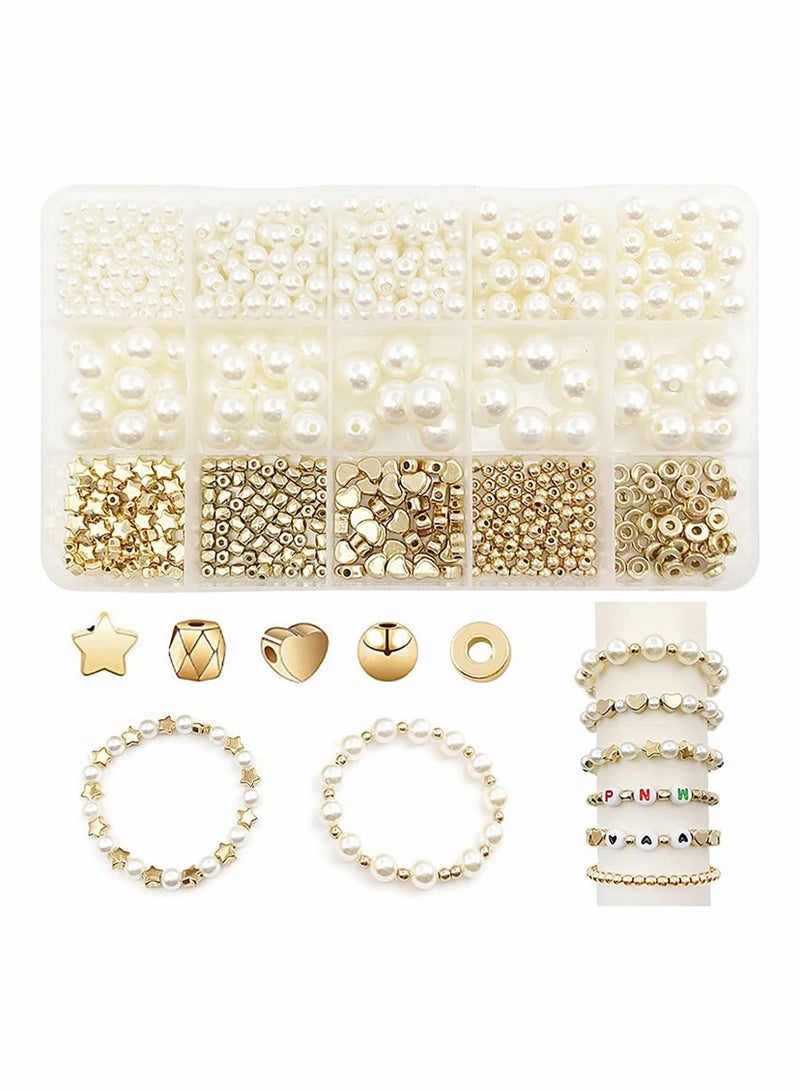 Spacer Beads Set Bracelet Beads and Pearl 15 Grids 720Pcs Small Smooth Bead Gold Star Beads Round Disc Beads for DIY Craft Making Jewelry Bracelet - Image 1