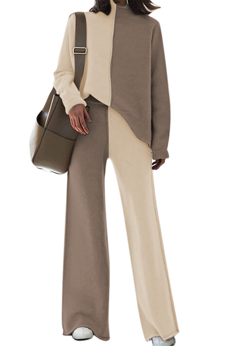 Fixmatti Womens 2 Piece Knitted Outfit Long Sleeve Turtleneck Sweater Top and Wide Leg Pant Sweatsuit Colorblock S