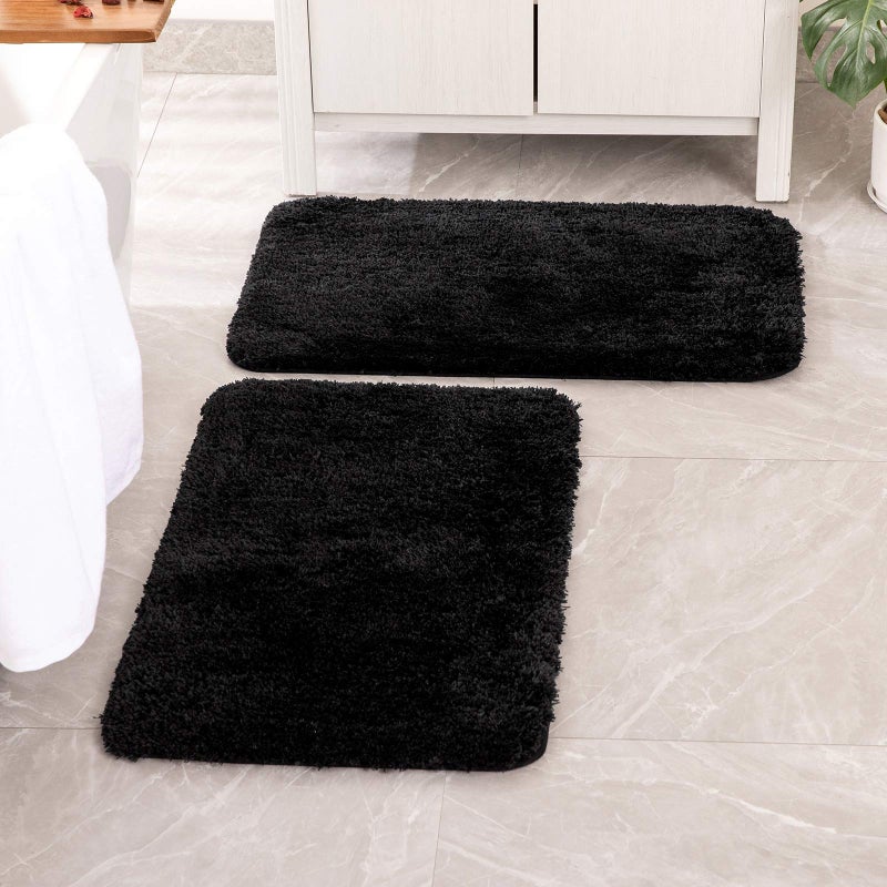MIULEE Set of 2 Non Slip Shaggy Bathroom Rugs Extra Thick Soft Bath Mats Plush Microfiber Absorbent Water for Tub Shower Machine Washable (Black, 16x24 inches) - Image 1