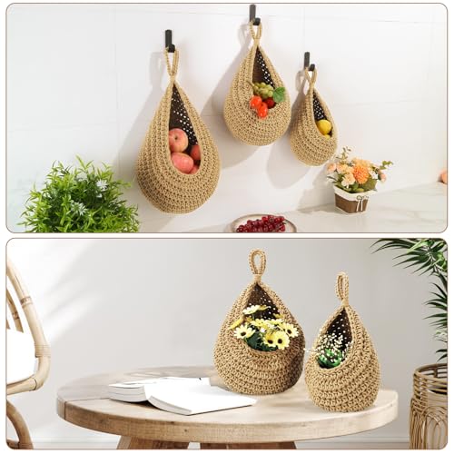OGOTEZ Wall Hanging Baskets for Organizing - 3 Pack Hanging Fruit Basket with 6 Pcs Strong Hooks, Handwoven Onion Storage Teardrop Home Onion Basket for Fruits Vegetable Potato Kitchen Storage(Light Linen) - Image 5