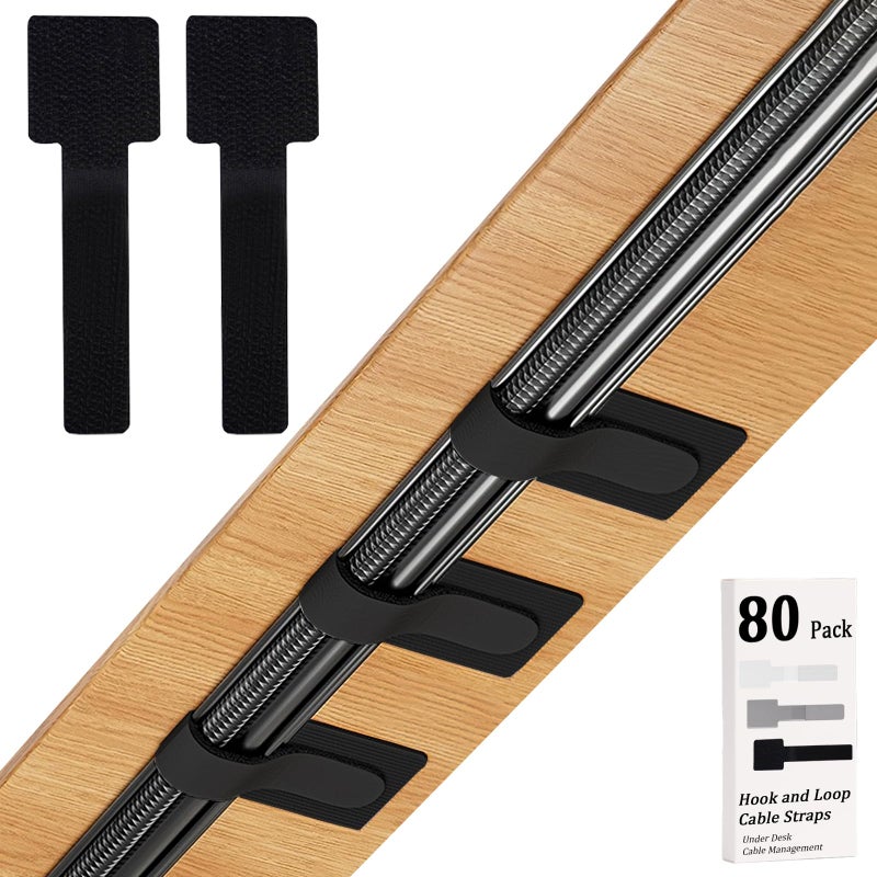 Sereficy 80PCS Hook and Loop Cable Straps, Cable Management Under Desk, Self Adhesive Cable Ties, Reusable Wire Organizers for Cords, Adjustable Cord Organizers for Desk, Home Office Essentials, Black - Image 1