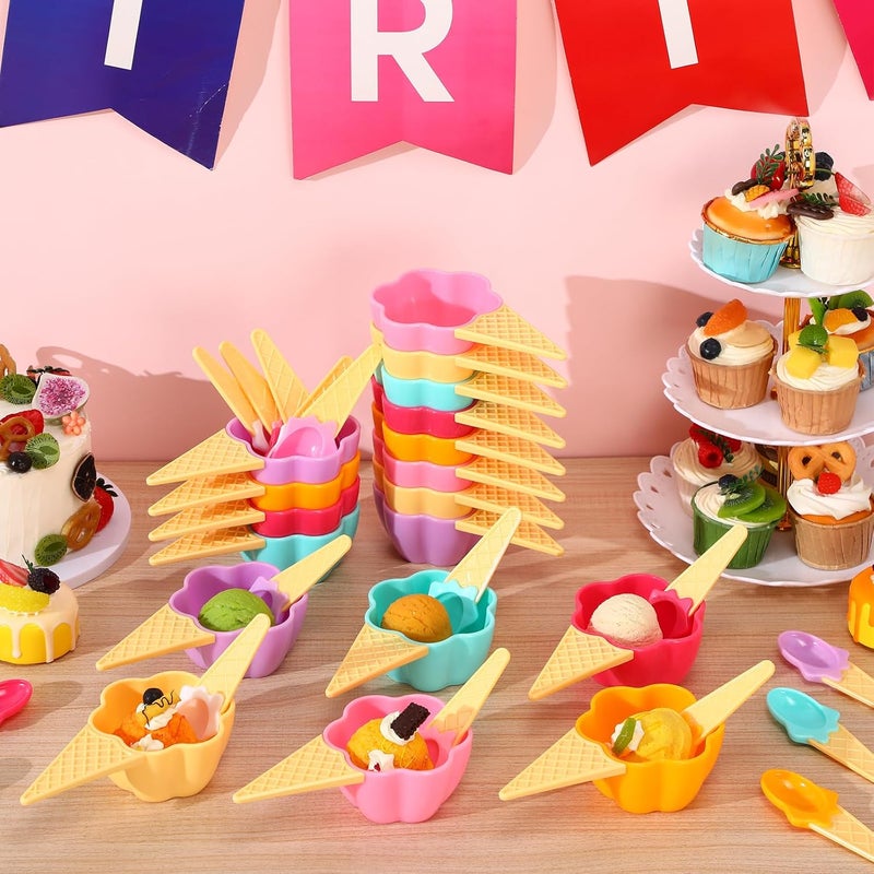 Uiifan 18 Sets Ice Cream Bowls Spoon Set Flower Design Plastic Frozen Yogurt Cups with Spoons Sturdy Flower Ice Cream Bowls for Party Favor Kids Gift - Image 2