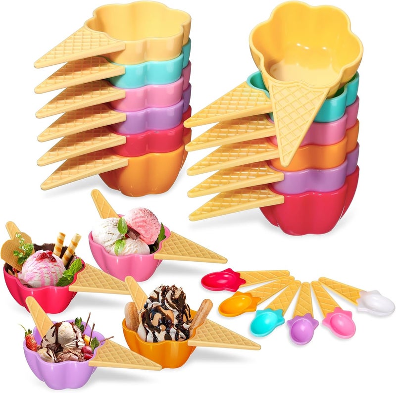 Uiifan 18 Sets Ice Cream Bowls Spoon Set Flower Design Plastic Frozen Yogurt Cups with Spoons Sturdy Flower Ice Cream Bowls for Party Favor Kids Gift - Image 1