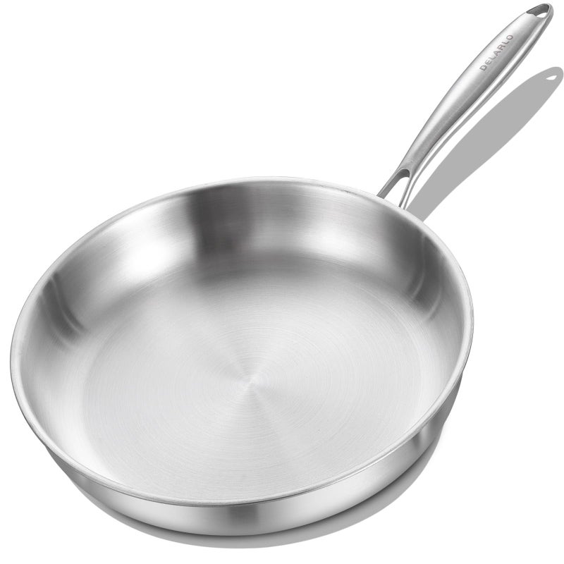 DELARLO Triply Stainless Steel Pan 8 Inch Frying pan Induction Skillet Compatible Up to 600 Fast and Even Heat Oven Broiler Safe Small Skillet Omelette Small Pan for Eggs Steak Bacon
