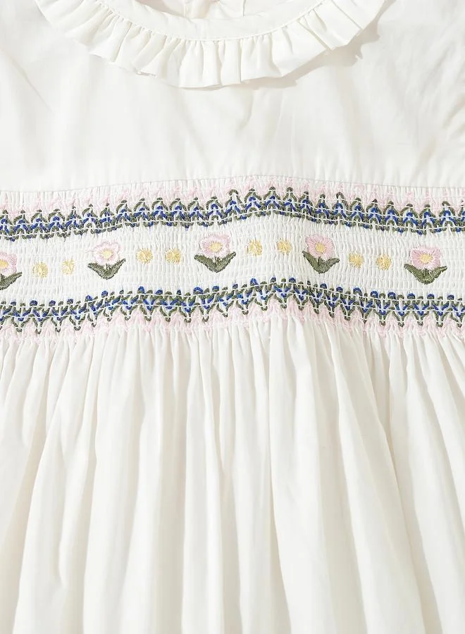 تايك تو Take Two Girls White Smocked Detail Embroidered Dress