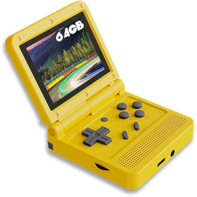 FLIP HANDHELD GAME CONSOLE WITH 3 INCH IPS SCREEN PORTABLE MINI RETRO GAME CONSOLE OPEN SYSTEM 64GB TF CARD BUILT-IN GAME VIDEO CONSOLE BUILT-IN RECHARGEABLE BATTERY-YELLOW - Image 1