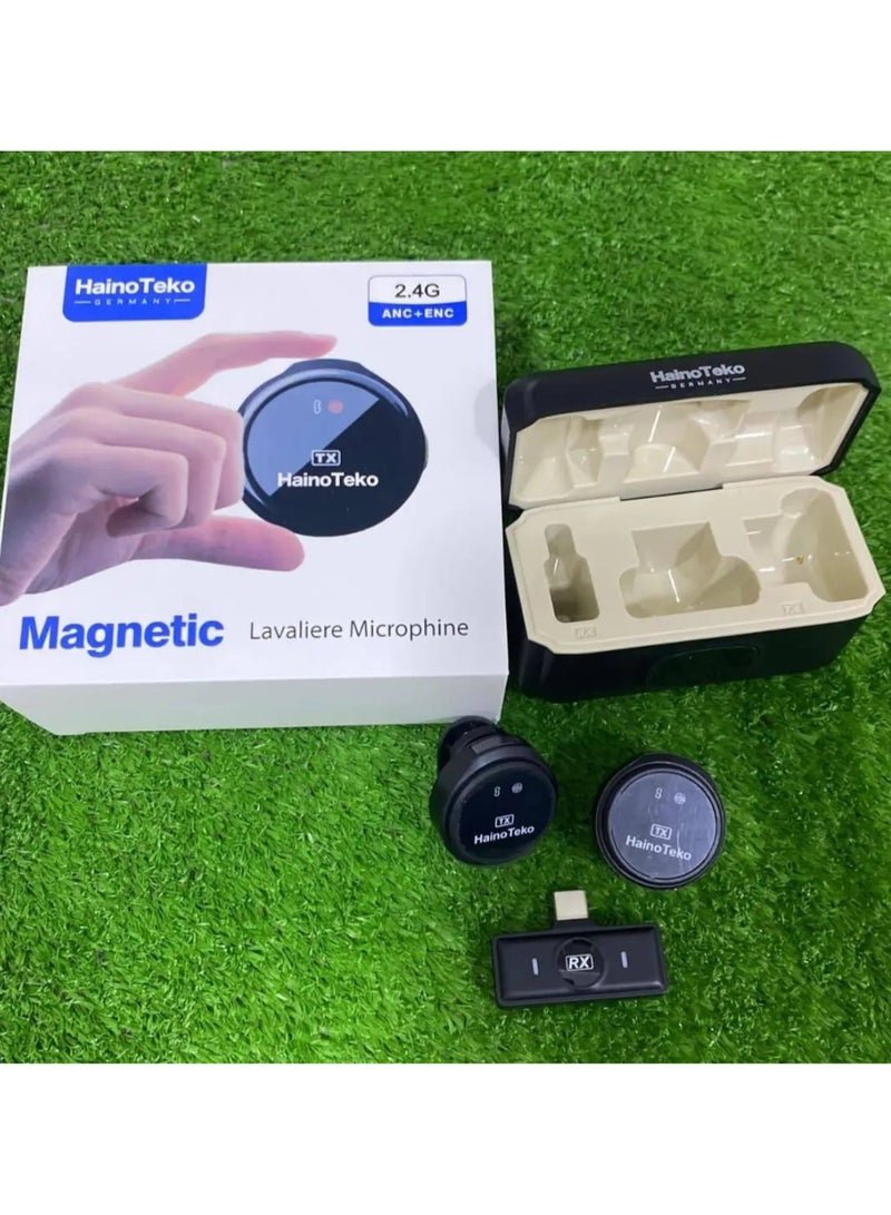 هينوتيكو ميكروفون لافالير مغناطيسي لاسلكي 2.4G للتصوير والبث والتسجيل – ميكروفون كليب ياقة للموبايل – عزل ضوضاء – صوت HD – مسافة 20 متر